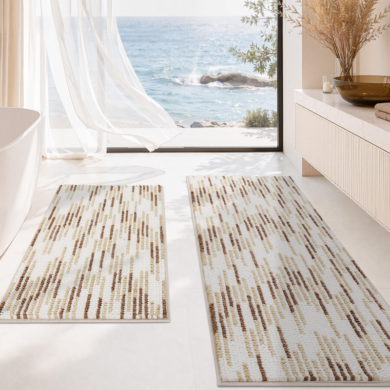 Ensemble de tapis de bain 2 pièces, tapis de bain moderne 51 x 119 cm + 51 x 81 cm, beige, chenille bouclée, envers antidérapant en caoutchouc TPR, rayures abstraites, doux, épais, absorbant et lavable, tapis de couloir pour salle de bain