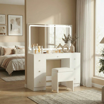 Bureau de maquillage avec miroir lumineux à DEL et prise de courant et 7 tiroirs