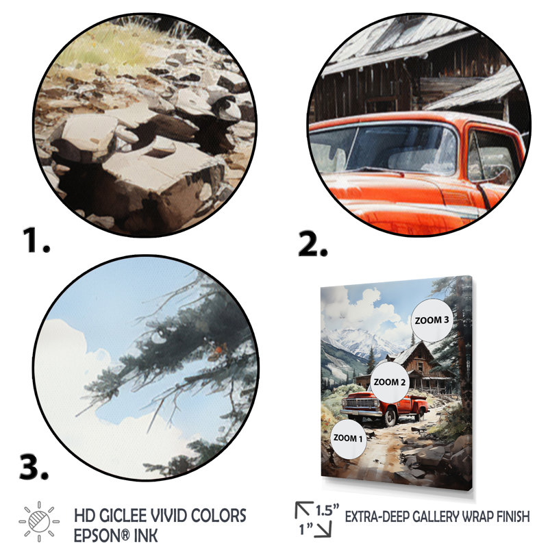 Retraite de montagne en camionnette rouge Taounate, H 44 po x l 34 po x P 1,5 po, Cadre photo blanc