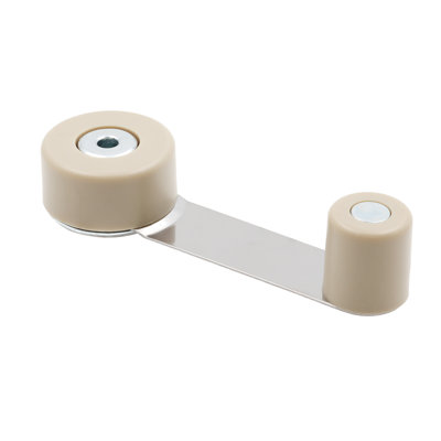 Door Stop Bumper with Door Retainer on Pivoting Arm, Tan Plastic and Metal Components, Easy Install w/Adhesive Backing, Fits 1-3/4 in. Thick Doors (Single Pack)
