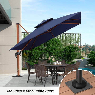 Parasol en porte-à-faux carré en bois 120 "avec base en tôle d'acier, marine