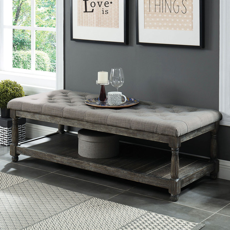 Hetzel Upholstered Bench with Shelves, 18.5" H x 48" W x 15.75" D, Gray
