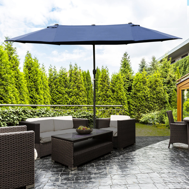 Parasol de patio bleu foncé de 15 pi, construction rectangulaire en acier flexible, manivelle facile, double face pour patio, auvent de terrasse, piscine, espace