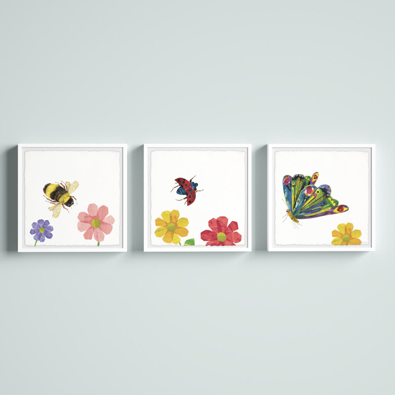 Friendly Insects 3- Piece Set Framed Art, 18" H x 18" W x 1.5" D