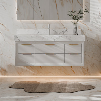 Melora 48" Wall-Mounted Single Sink Bathroom Vanity With  Stone Countertop, LED Light & Soft-Close Drawers, Modern Design