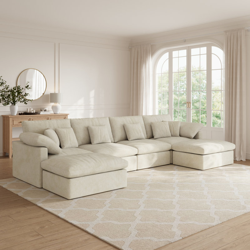  152" Cloud 6-Piece Modular Sectional Sofa with Two Lift-Top Storage Ottomans for Living Room