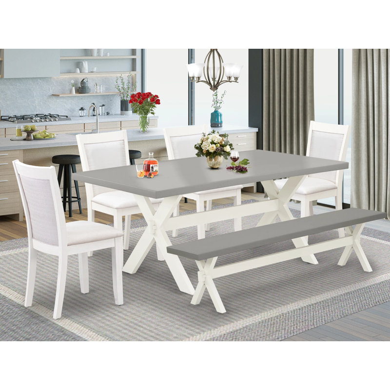 6 Piece Kitchen Table Set Contains a Rectangle Dining Table and 4 Dark Gotham Grey Linen Fabric Parson Chairs with a Bench, Wire Brushed Black Finish