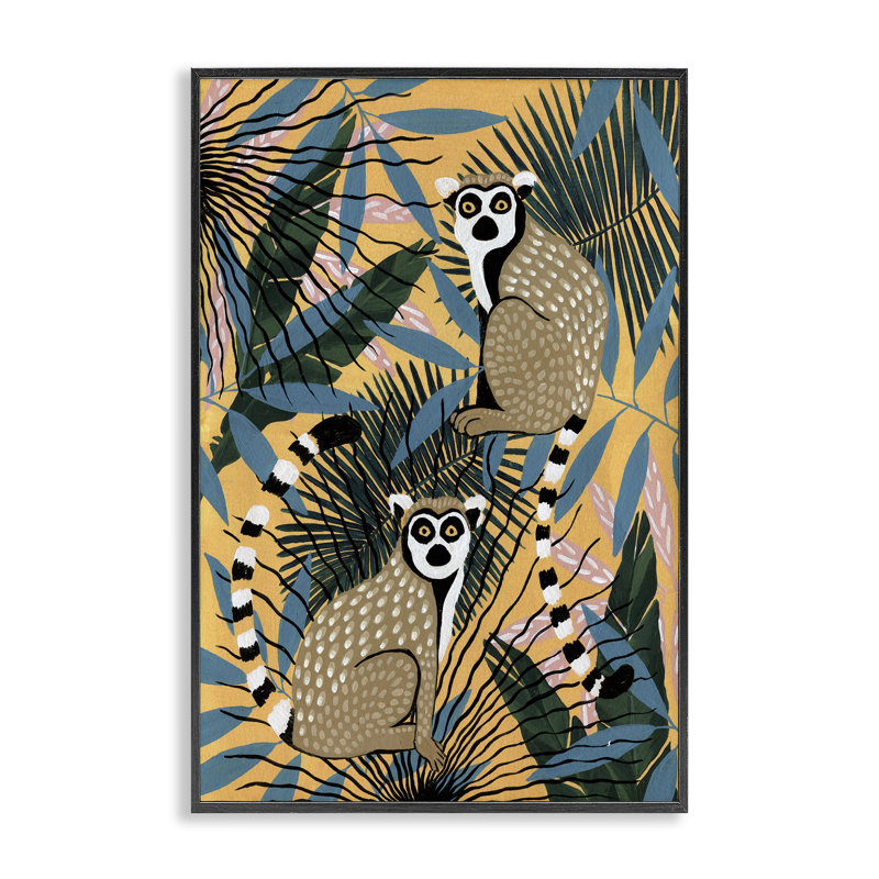 Lémuriens et plantes tropicales, giclée encadrée, design par Yvette St. Amant, H 24 po x l 16 po, Giclée encadrée noir minuit