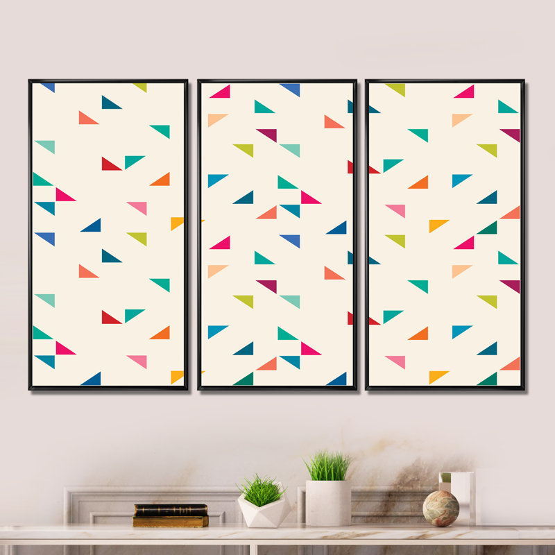 «Abstract Triangular Retro Pattern I», reproduction de cadre photo sur toile 3 pièces, Cadre noir, H 28 po x l 36 po x P 1 po