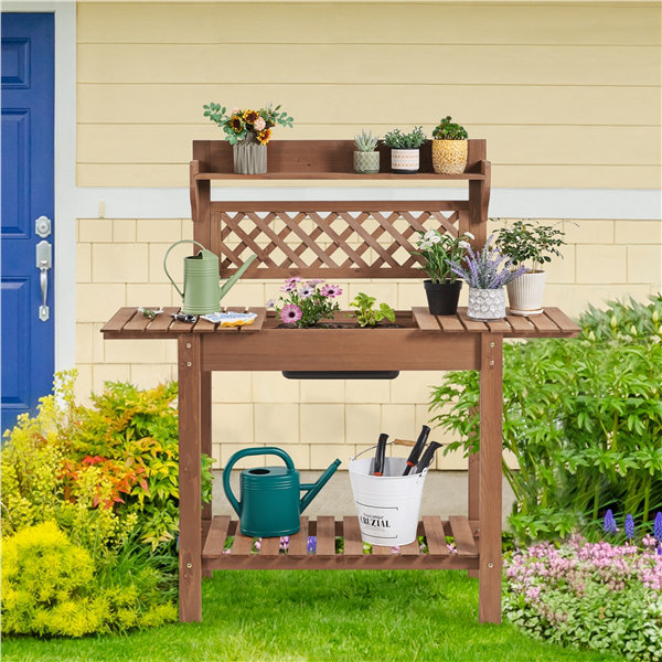 Jihane Fir Wood Potting Bench with Sliding Tabletop and Lockable Wheels, Brown