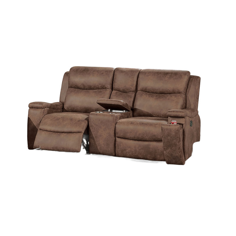 Causeuse moderne à mouvement manuel avec console cachée et porte-gobelets, revêtement en noyer