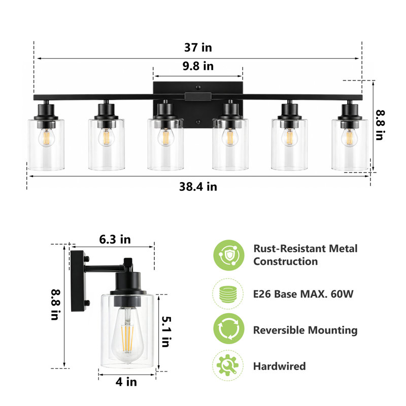 6-Light Dimmable Vanity Light, Black & Clear, 6