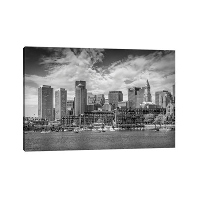 Boston Skyline North End & Financial District | Monochrome by Melanie Viola - Wrapped Canvas Print