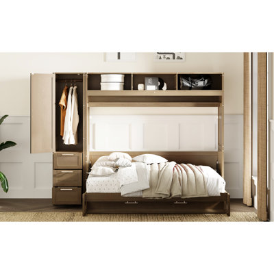 Full Size Bed With Wardrobe, Drawers & Open Shelves In Antique Wood - Space Saving Space Wardrobe And Functional Build