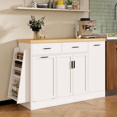 Multi-Functional Storage Sideboard, Trash Can Storage, Sliding Door Cabinet & 3-Tier Spice Rack,Kitchen Island Table for Kitchen, Dining Room (White)