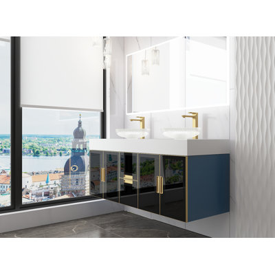Modern Luxury Wall-mounted Vanity With 60" Solid Surface Top And Oval Glass Vessel Sink