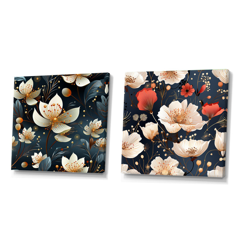 Motif floral bleu foncé et blanc Allure, H 16 po x l 33 po, Toile tendue