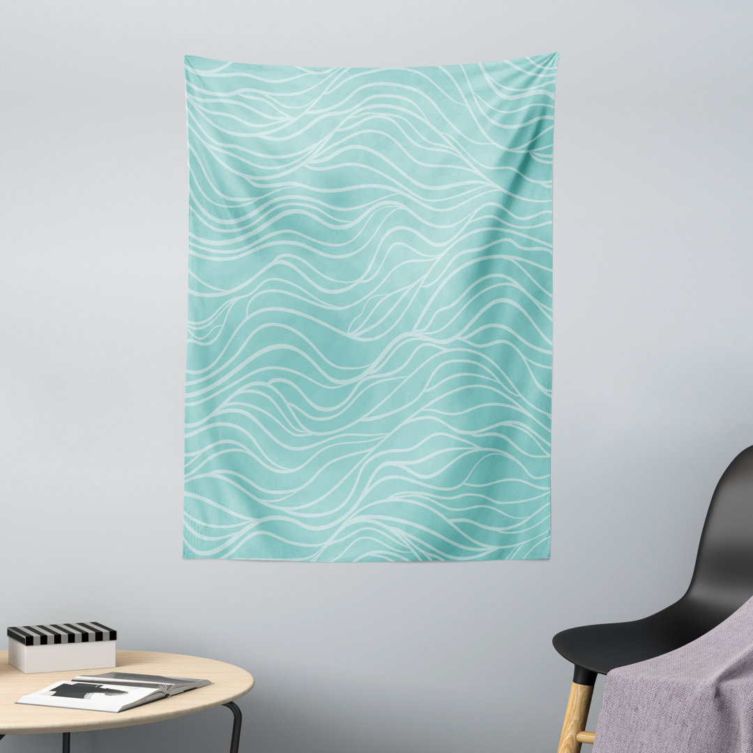 Wandteppich, Simple Aquatic Doodle Waves, Seafoam Pale Blue