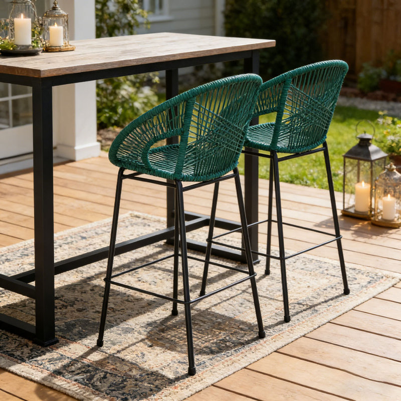 Outdoor Patio Black Faux Wicker Barstool Set, Teal