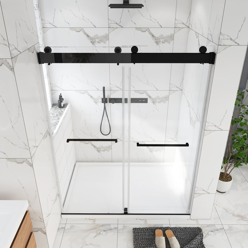 Porte de douche sans cadre avec verre transparent l 72 po x H 76 po, Noir mat