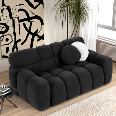 Kieayla 64.96" Modern Boucle Loveseat, Wavy Tufted Cloud Sofa with Foam and Spring Fill for Living Room, Includes 2 Pillows, Black