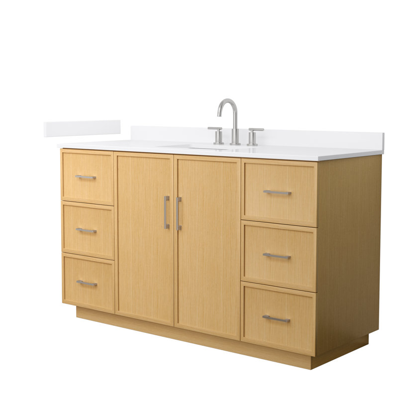 Elan TK 60" Freestanding Single Bathroom Vanity with Quartz Top, Brushed Nickel, White Quartz, Light Oak