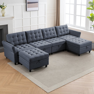 Canapé modulaire 6 places avec 2 repose-pieds - 4 sièges + 2 repose-pieds, lin de qualité supérieure, accoudoirs réglables à 2 vitesses "113" "113"