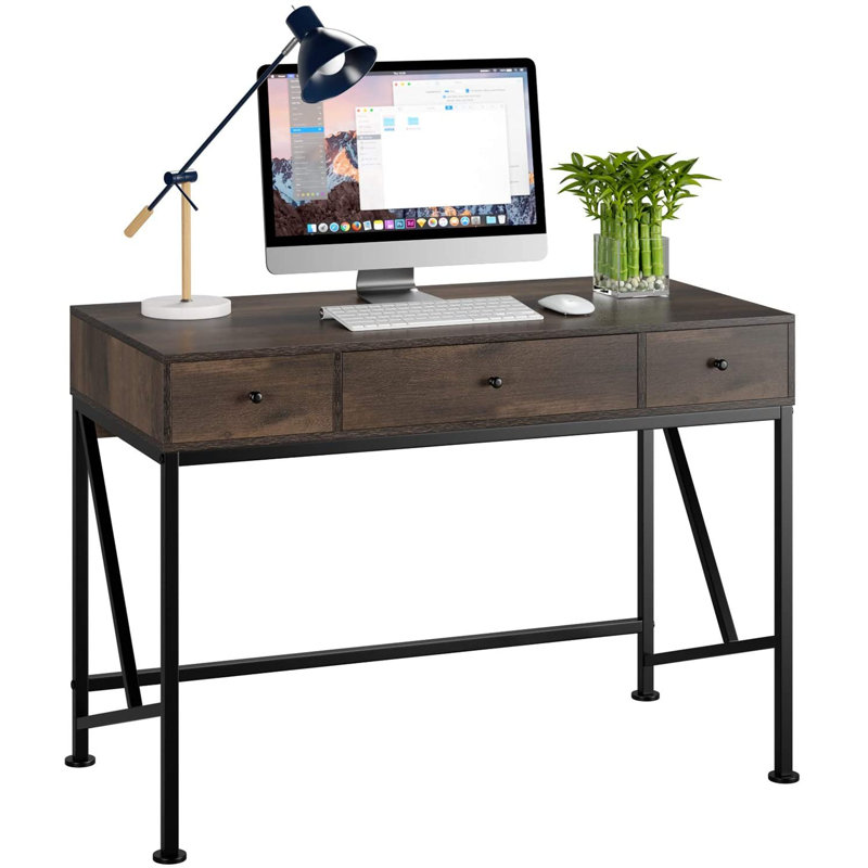 Spickard 41.7" Wooden Desk With Drawers, Wood Storage Desk with Metal Frame, Dark Brown
