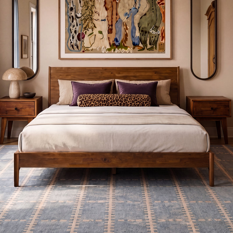 Solid Wood King Bed Frame with Headboard, Walnut Finish 800lbs Capacity Scandinavian Platform Bed, Walnut Finish, Non-Slip and Noise-Free, No Box Spring Needed