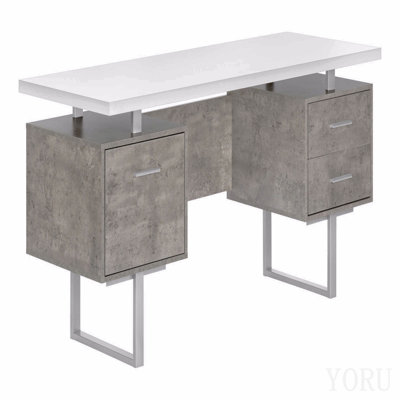 Computer Desk, Home Office, Laptop, Left, Right Set-Up, Storage Drawers, 60"L, Work, White And Grey Concrete Laminate, Grey Metal, Contemporary, Moder