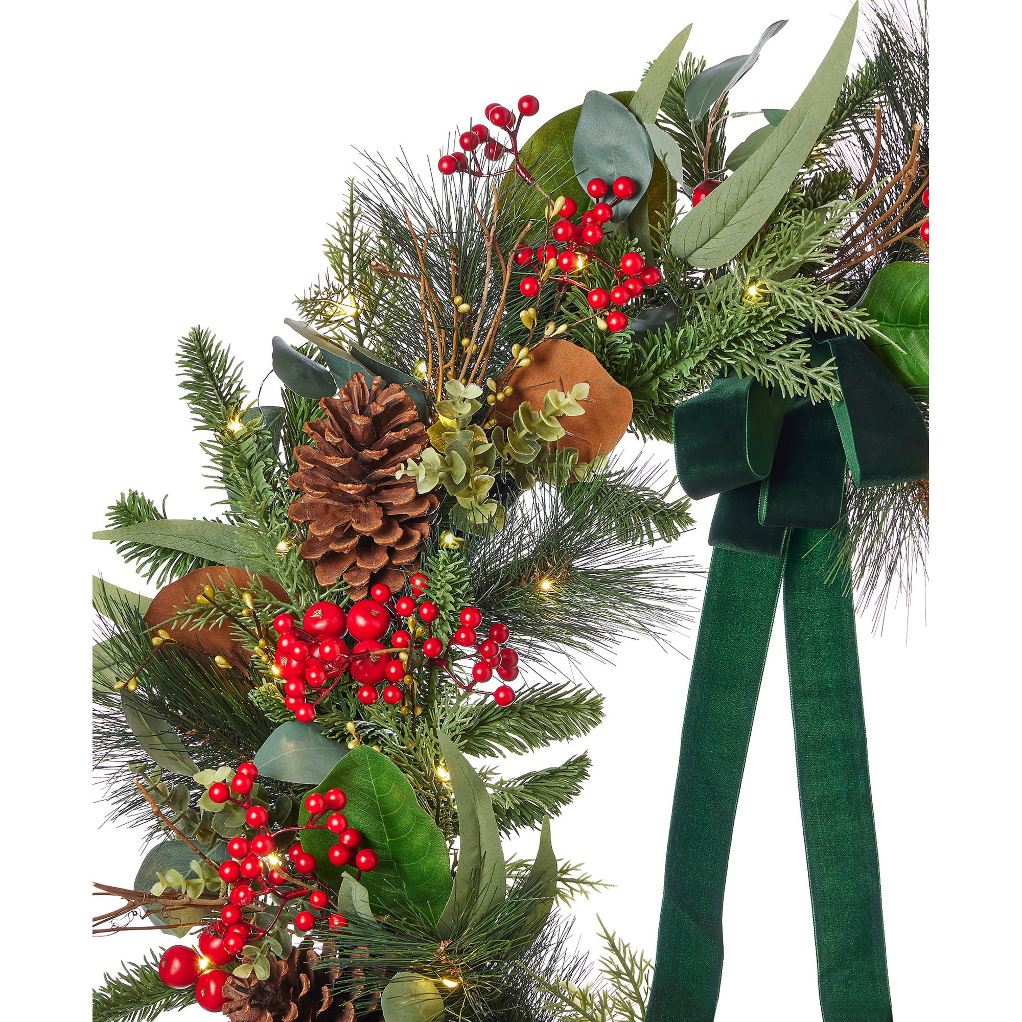 Magnolia Leaf, Eucalyptus, and Berry 28in Wreath, Pre-Lit with 35 LED Fairy Lights B/O