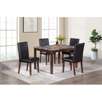 Modern Black And Cherry Finish Faux Marble Top Table 4X Side Chairs Faux Leather Upholstered 5Pc Dining Set