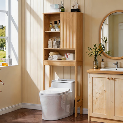 Fluted Sliding Door Over The Toilet Storage Cabinet, Engineered Wood Bathroom Space Saver with Adjustable Shelves and Freestanding Organizer for Laundry Room, Bathroom, and Utility Room