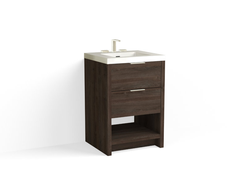 Vue 24" W Freestanding Single Bathroom Vanity, Matte White/8" Widespread, Polished Nickel, Charred