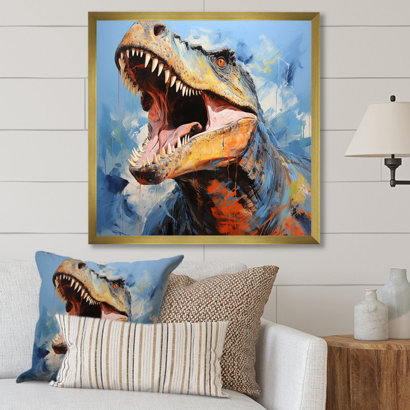 Chasseurs de dinosaures bleus - art de mur de dinosaure, Cadre doré simple, H 16 po x l 16 po x P 1 po
