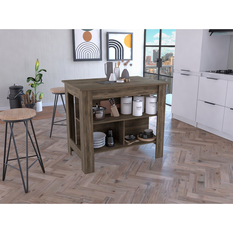 Îlot de cuisine, quatre pieds, trois tablettes, Brun, Brun