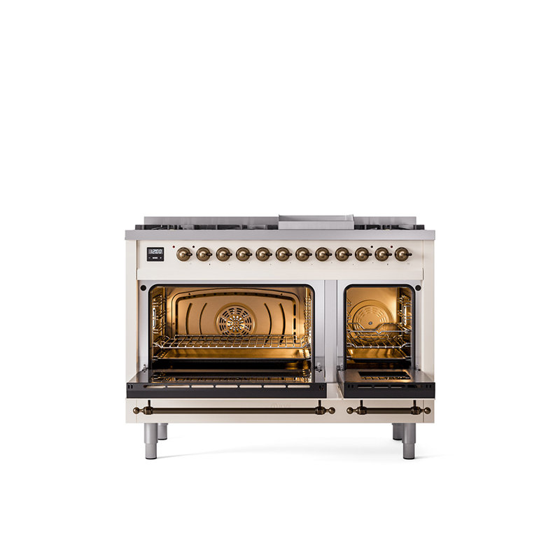 ILVE Nostalgie II 48 in Dual Fuel Range, 8 Burner, Griddle, Natural Gas, Antique White/Bronze
