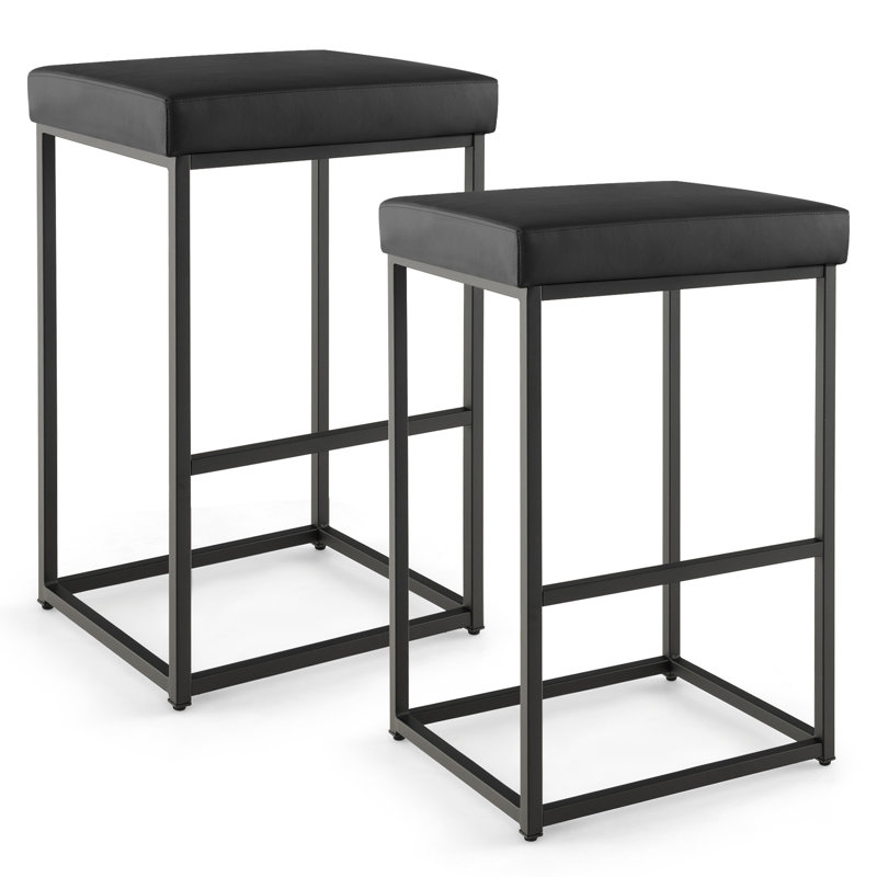 Narander Upholstered and Genuine Leather Bar Stool, Black