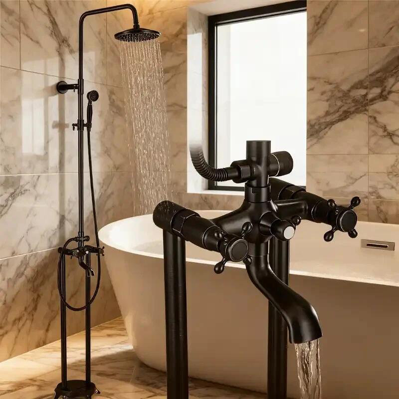 Black Freestanding Rainfall Tub Faucet System Set Floor Mounted Bathtub Faucet
