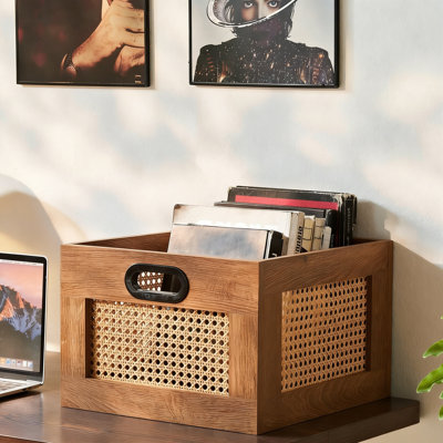 Rattan Vinyl Record Storage Crate with Handle, Holds 75 LPs