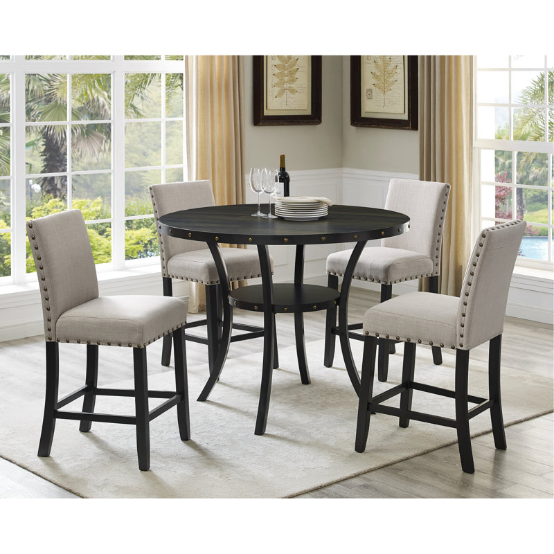 Ensemble de table de salle à manger à hauteur de comptoir en bois espresso, tabourets en tissu brun clair avec garniture cloutée