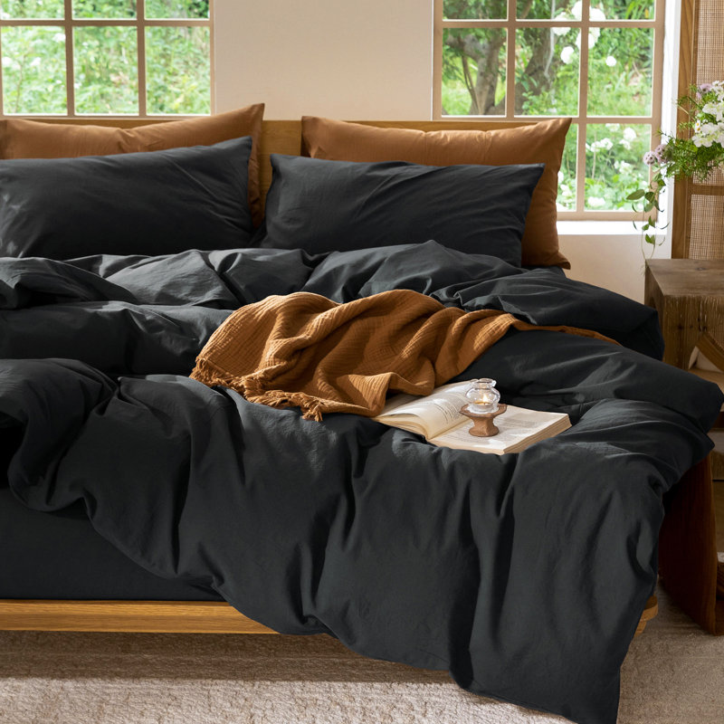 MooMee Lightweight Duvet Cover Set with Zipper Closure 8 Ties 100% Washed Cotton Linen Like Textured Soft Breathable All-Season