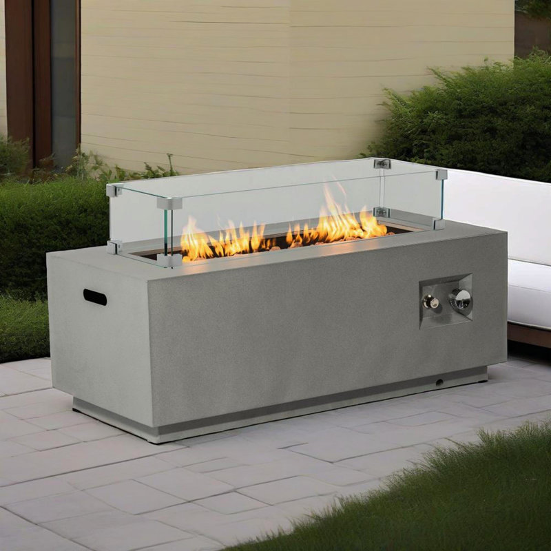 42" Propane Gas Fire Pit Table 2-Pieces, 50000 BTU Rectangular Steel Fire Pit With Glass Wind Guard For Outside Patio Deck Garden Courtyard -Gray