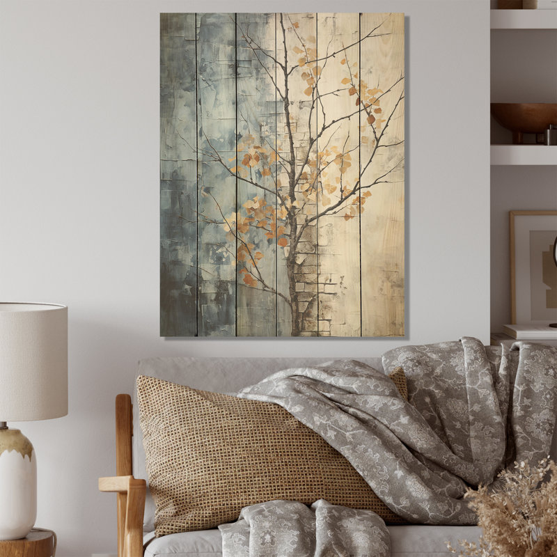 «Minimalist Granite Grape Leaves I», art mural en bois sur bois de pin naturel, H 20 po x l 10 po