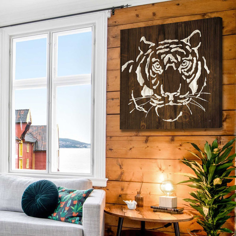 Tigre blanc sur bois foncé - impression, Toile tendue, H 28 po x l 28 po x P 1,5 po