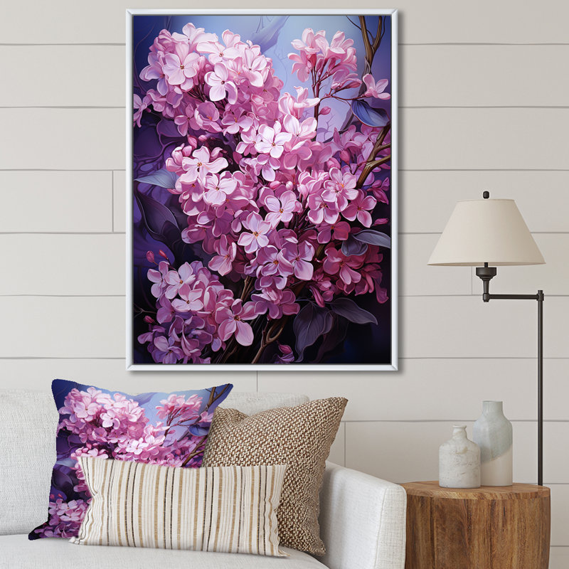 Murmures de lilas V sur toile, H 32 po x l 16 po x P 1 po, Cadre flottant blanc