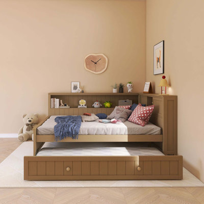 Full Size Wood Daybed With Storage Shelves And Trundle