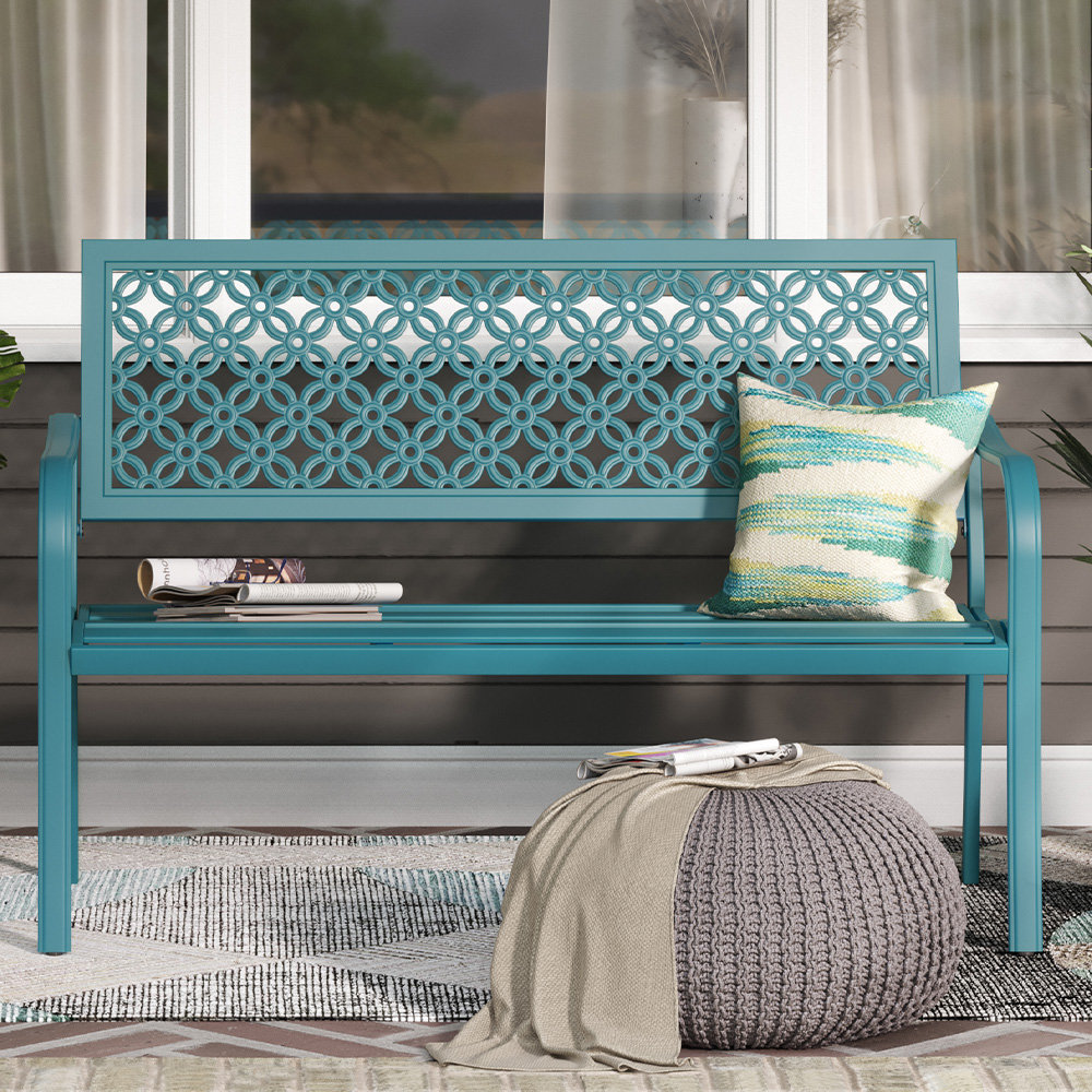 Roselynne Outdoor Steel Garden Bench with Carved Floral Back Red Barrel Studio® Color: Blue