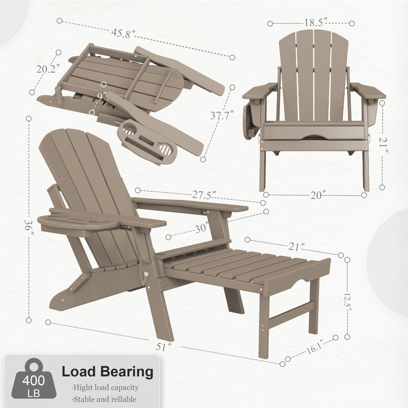 Chaise Adirondack pliante et réglable en PEHD Celese avec repose-pieds, Brun