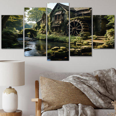 Green Brown Mill In The - Mills Wall Art Living Room - 5 Panels